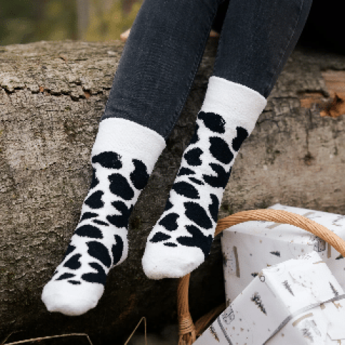 Country Moos Fluffy Cow Print Crew Socks